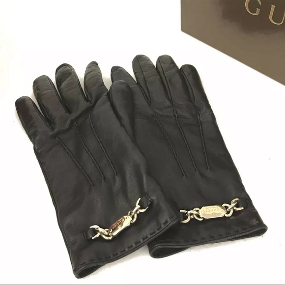 AUTH Gucci Leather Gloves Black Sz 8